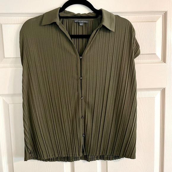 Olive Green Pleated Button-Up Blouse - Picture 1 of 3